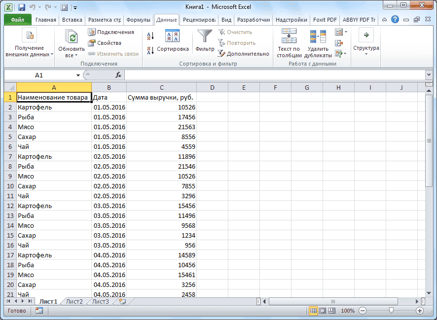 Таблица вставлена ​​в Microsoft Excel